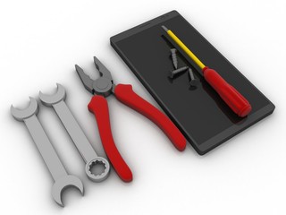 3d rendering mobile phone in screwdriver and screw 

