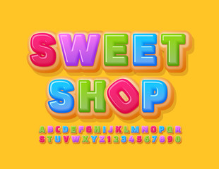Vector colorful logo Sweet Shop with delicious Font. Bright Donut Alphabet Letters and Numbers