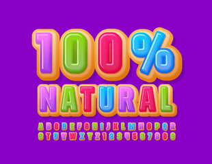 Vector sweet sign 100% Natural with colorful Donut Font. Bright Cake Alphabet Letters and Numbers