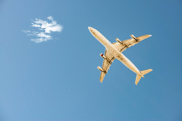 plane taking flight in a blue sky