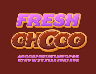 Vector creative logo Fresh Choco with Glazed Font. Sweet Donut Alphabet Letters and Numbers