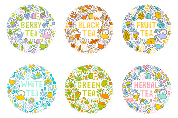 Set of round frames on the tea theme. Templates for labels, tags, menus and packaging. Hand-drawn vector illustration. Composition of decorative elements isolated on a white. Tea shop decoration.