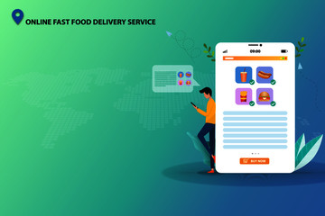 Concept of online fast food delivery service, young man standing near tablet to order fast food (sparkling water, hotdog, hamburger and french fries) in blue green shade color background.