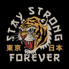 Tiger Head Illustration with Stay Strong Slogan and Japan and Tokyo Words with Japanese Letters Vector Artwork for Apparel and Other Uses