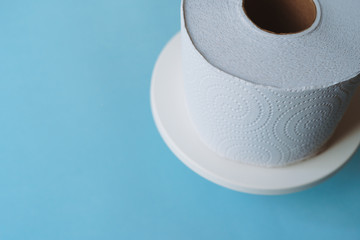 Roll of toilet paper on a pastel blue background coronavirus design