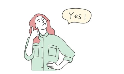 Obraz premium Woman with speech bubble yes doing thumb up. Hand drawn vector illustration.
