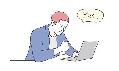 Guy looks at the laptop and raises his hand in a yes gesture. Hand drawn vector illustration.