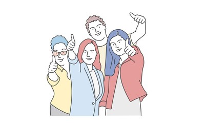 Group of students doing thumb up. Hand drawn vector illustration.