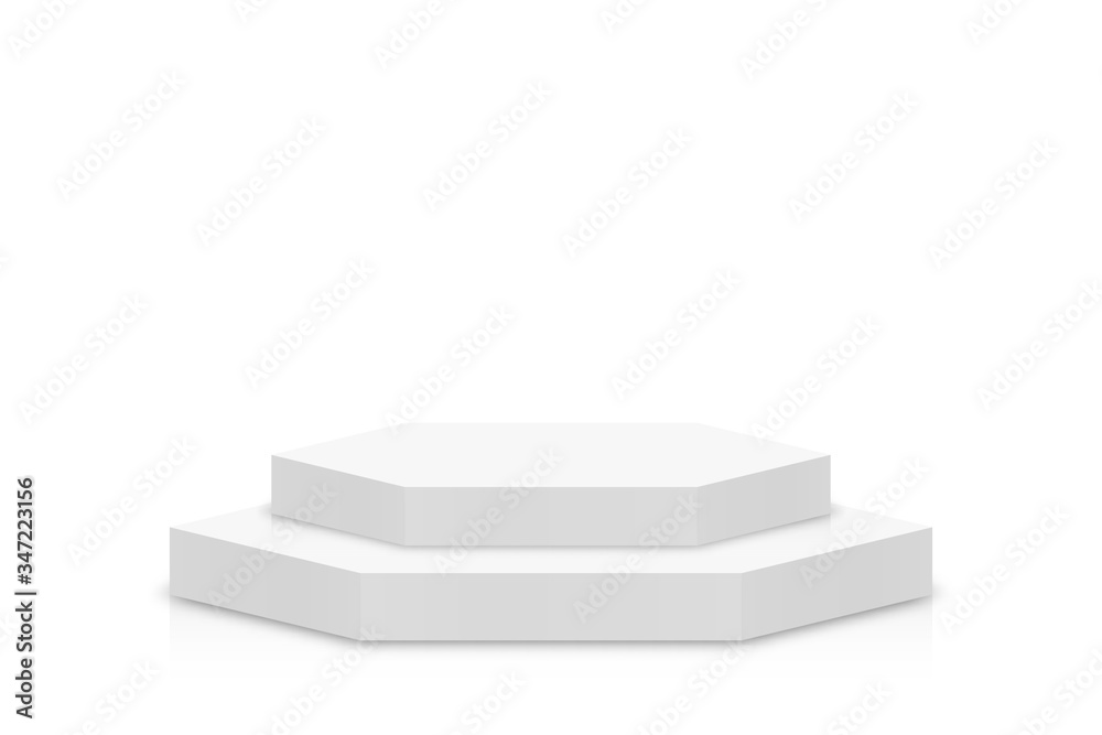 Poster white 3d podium mockup in hexagon shape. empty stage or pedestal mockup isolated on white background