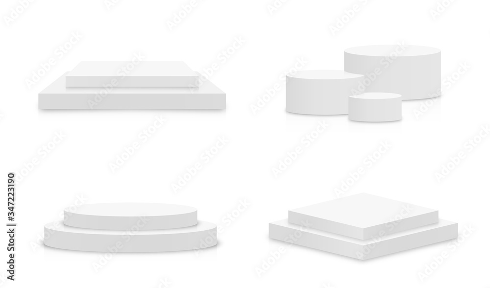 Poster White 3d podium mockup in different shapes. Set of empty stage or pedestal mockups isolated on white background. Podium or platform for award ceremony and product presentation