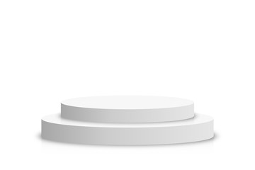 White 3d podium mockup in circle shape. Empty stage or pedestal mockup isolated on white background. Podium or platform for award ceremony and product presentation