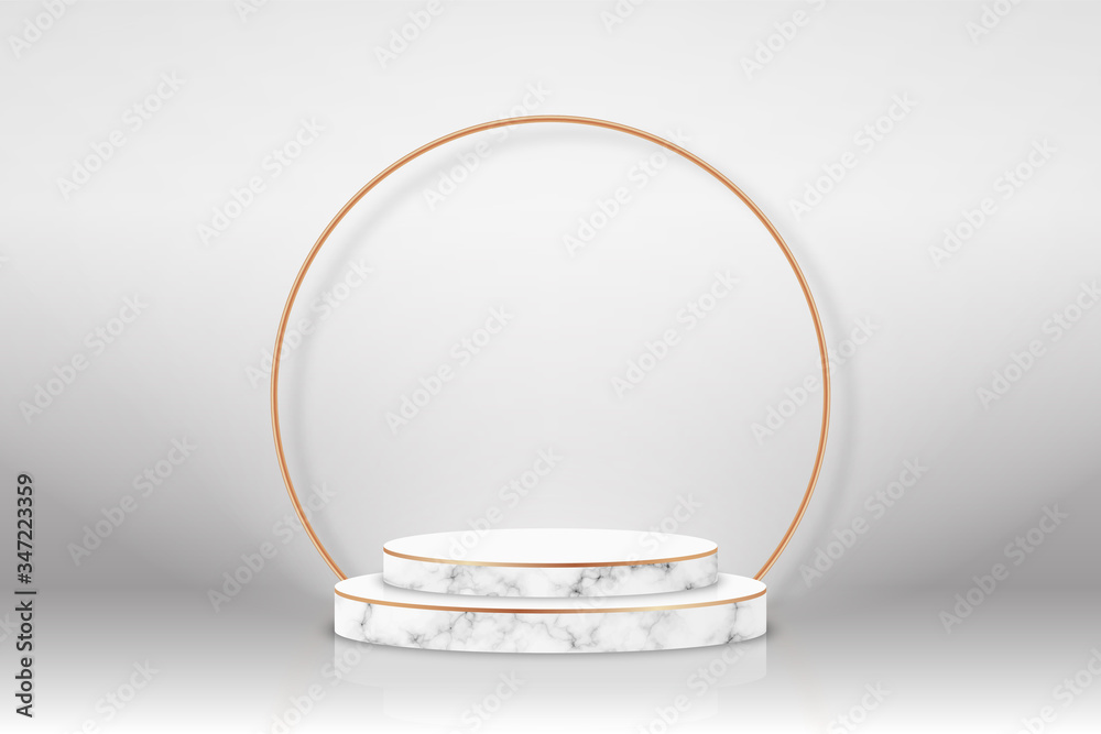 Poster White 3d podium with marble texture and golden elements. Empty stage or pedestal mockup illuminated with spotlight. Podium or platform for award ceremony and product presentation