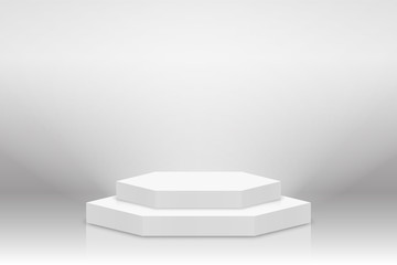 White 3d podium mockup in square shape. Empty stage or pedestal mockup illuminated with spotlight. Podium or platform for award ceremony and product presentation