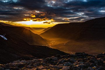 Sunset on the Putorana plateau in Siberia in summer