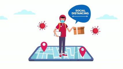 social distancing campaign with delivery worker and smartphone