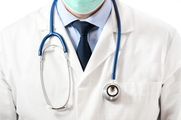 Close up portrait of unrecognizable doctor posing with stethoscope and face mask. Healthcare concept .
