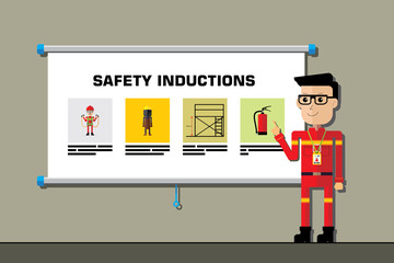Safety officer cool character give the safety induction presentation. Graphic asset for construction, industrial and mining.
