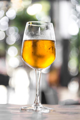 Ice beer on glass with blur natural bokeh background