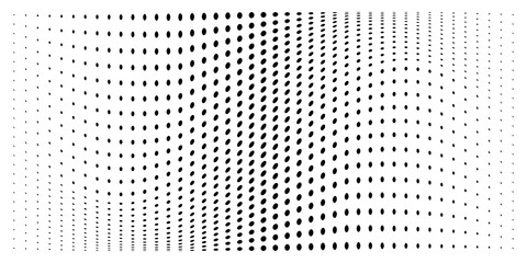 Halftone convex distorted gradient circle dots background. Horizontal distort bulging template using halftone dots pattern. Vector illustration.