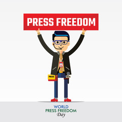 Reporter with banner of World Press Freedom Day. The journalist illustration.