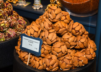 Counter with various dried fruits on the Grand Bazaar in Istanbul, Turkey