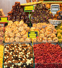 Counter with various dried fruits on the Grand Bazaar in Istanbul, Turkey