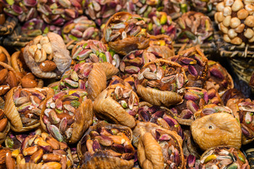 Counter with various dried fruits on the Grand Bazaar in Istanbul, Turkey