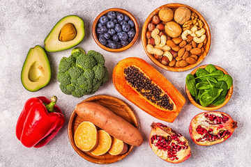 Anti-aging food - healthy fruits, vegetables, nuts.