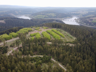 Aerial drone view of afforestation in Germany. Harz mountains with Oker Dam in Lower Saxony,...