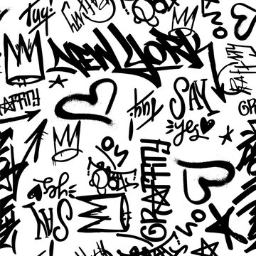 Vector graffity tags seamless pattern on white background.