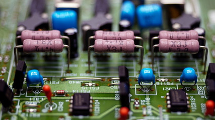 Close-Up Resistors and electronics on board electrical circuits.