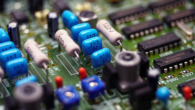 Close-Up Resistors and electronics on board electrical circuits.