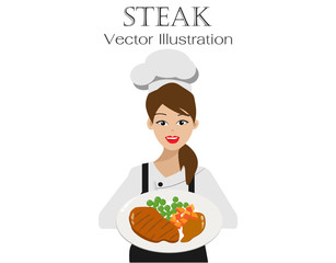 Young beautiful chef woman in cook uniform with smiling face proudly presenting her cooking, grilled pork/beef steak. Isolated on white background. Vector Illustration.