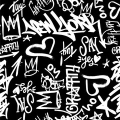 Vector graffity tags seamless pattern on black background.