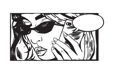 Crop vector image of young beautiful woman in pop art and comics style talking by cellphone.
