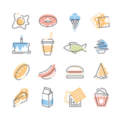 Set of food line and color flat icons.