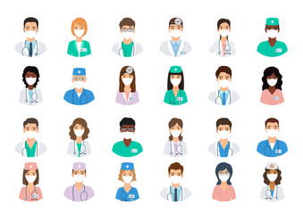Doctors and nurses avatars in medical masks. Set of medicine employee faces. Group men and women portfolio avatars isolated on white background. Vector illustration. Healthcare concept. Hospital staff