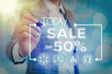 Writing note showing Sale 50 Percent. Business concept for A promo price of an item at 50 percent...