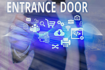 Word writing text Entrance Door. Business photo showcasing Way in Doorway Gate Entry Incoming...