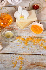 home spa, candles, pumice, natural soap, dry powder for making a face mask,