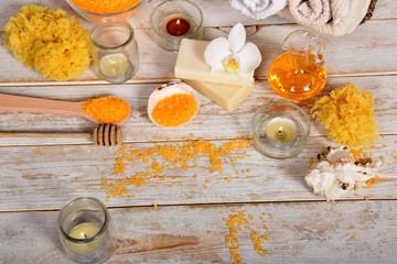 home spa, candles, pumice, natural soap, dry powder for making a face mask,