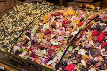Varied mix of turkish specialties: lovers tea, blue mallow tea, pink rose, pomegranate