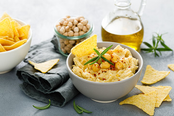 Homemade chickpea hummus with chips