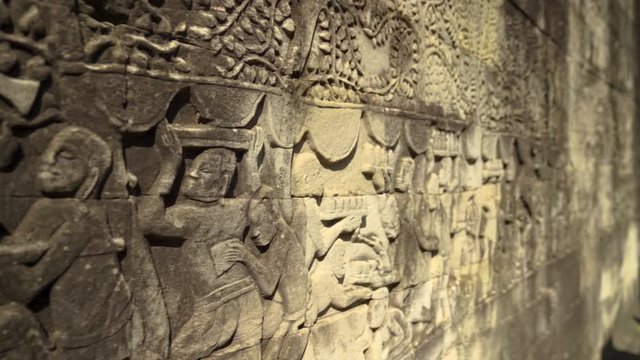 Tracking Bas-Relief Artwork on a Wall at Bayon Temple in Angkor Thom Siem Reap, Cambodia