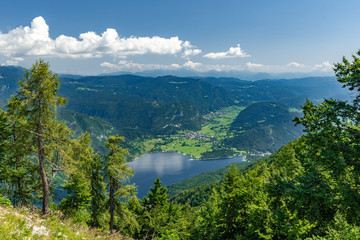 Naklejka na ściany i meble Panorama fo Bohinj lake in summer, view from Vogel, Julian Alpe, Slovenia