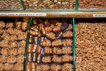 Counter with various dried fruits on the Grand Bazaar in Istanbul, Turkey