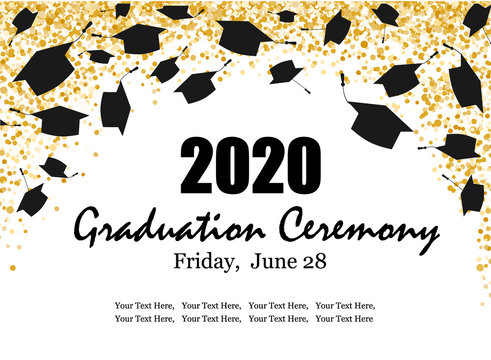 Graduation Class Ceremony Of 2020 Greeting Cards Set With Gold Confetti. Vector Grad Party Invitation Poster