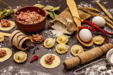 Composition with raw dumplings and ingredients on trendy black stone concrete background. Process of cooking