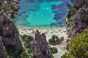 View overhanging the calanque of En-Vau from the hills with beach, panorama of the calanques of Marseille.