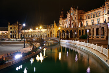 Famous Plaza de Espana at night, Seville, Spain.